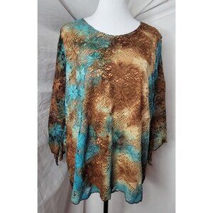 Dressbarn Blouse Womens 2X Brown Blue Round Neck Crocheted Top Drape Sleeves VTG